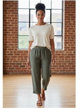 J. Jill Pure Linen Pull On Flat Front  Olive Cropped Pants Medium